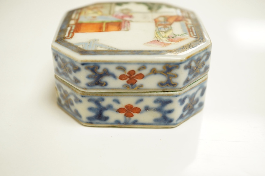 A Chinese famille rose seal paste box and cover, Jiaqing four character seal mark and of the period (1796-1820), 6cm wide. Condition - section of base broken and re-glued